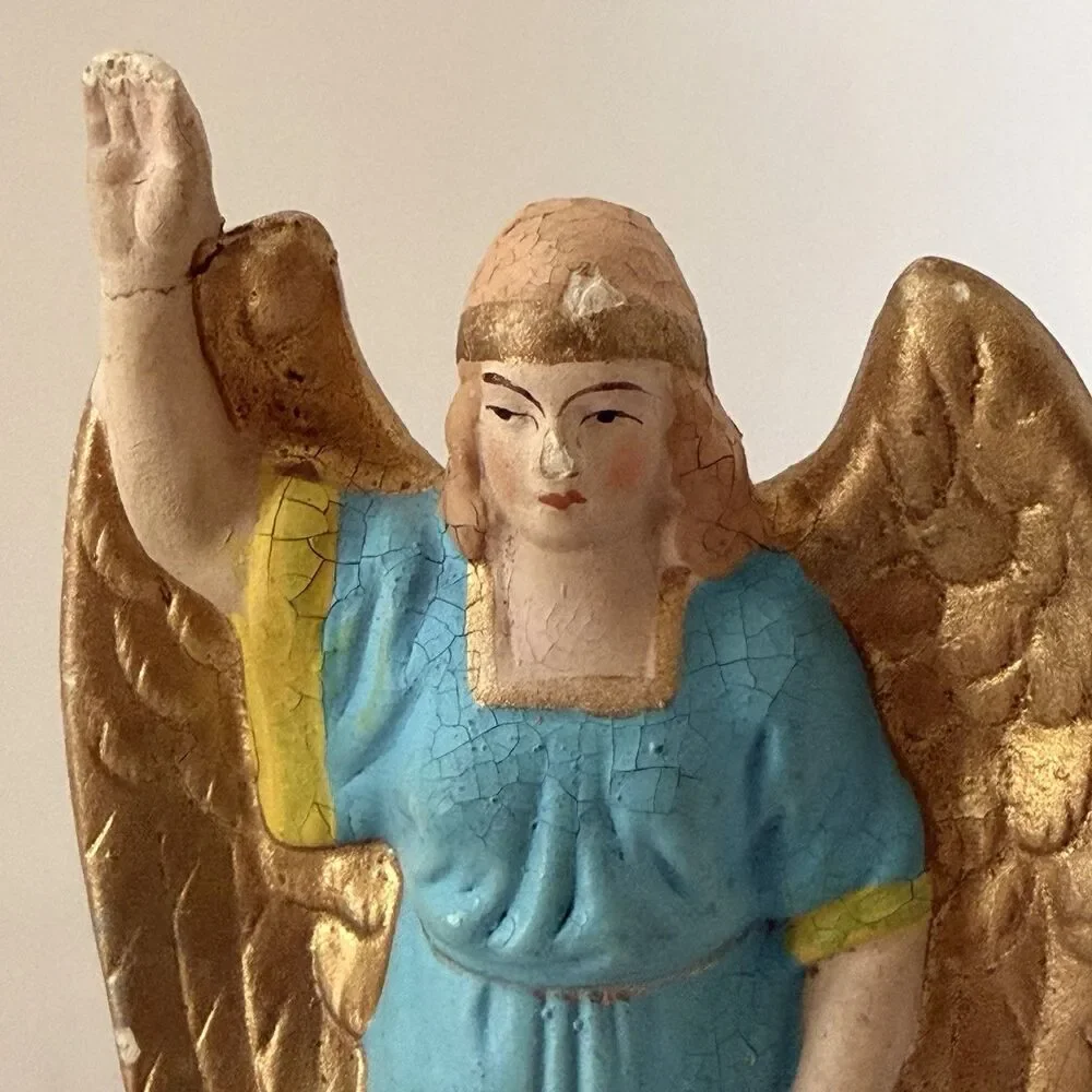 Vintage German Nativity Angel Figurine 6” Blue Robe Gold Wings Hand Painted